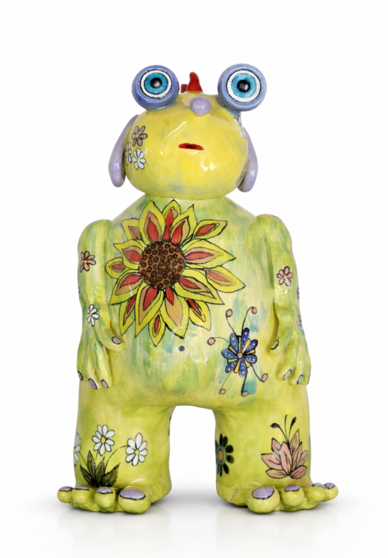 Whimsical coastal clay monster figurine, artisan pottery sculpture